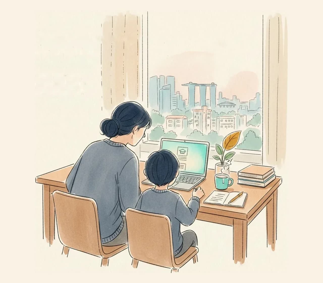 A tutor sitting beside a young child at a wooden desk, working through homework together on a laptop, with the Singapore skyline visible through the window behind them.